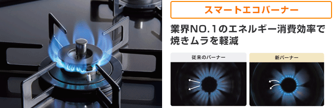 ノーリツガスコンロ:オルシェ 業界No.1のエネルギー消費効率「スマートエコバーナー」